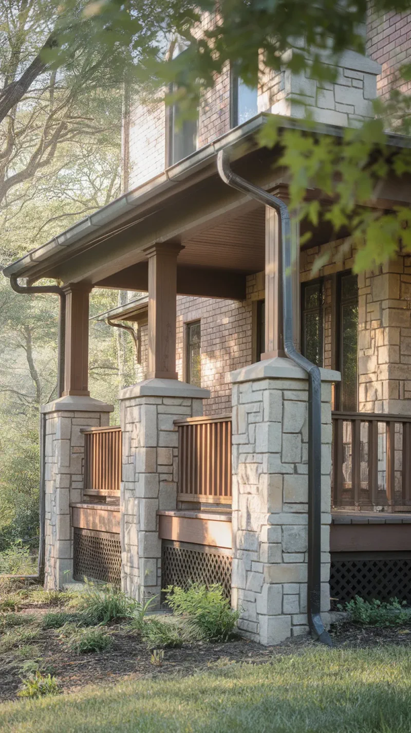 A traditional porch made of stone and brick with cedar accents, surrounded by greenery.