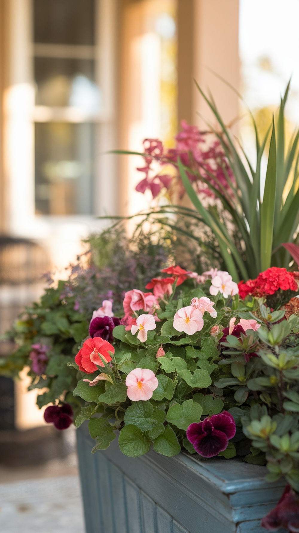 Colorful front porch planter with a mix of flowers and greenery.