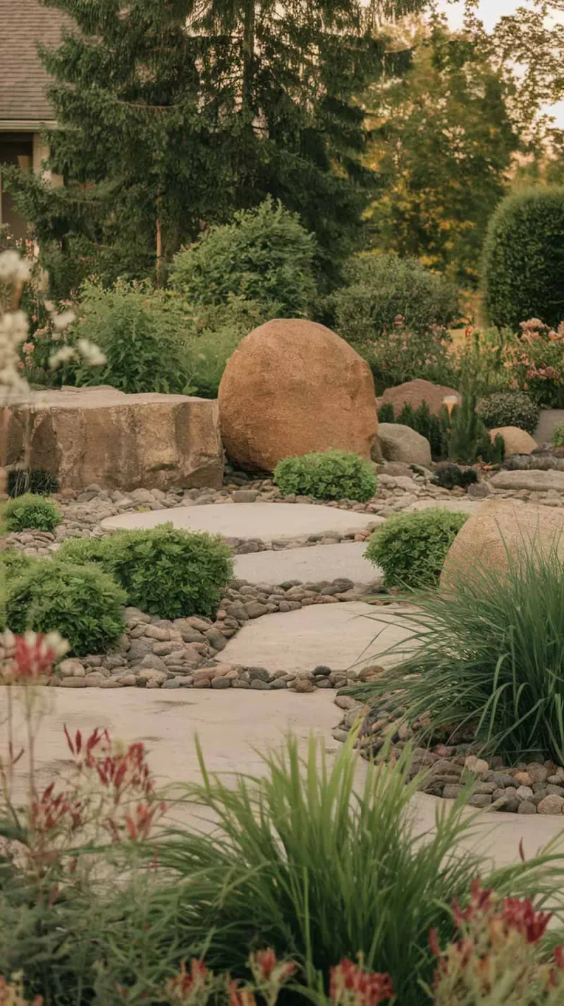 A landscape featuring a mix of large and small rocks surrounded by green plants.