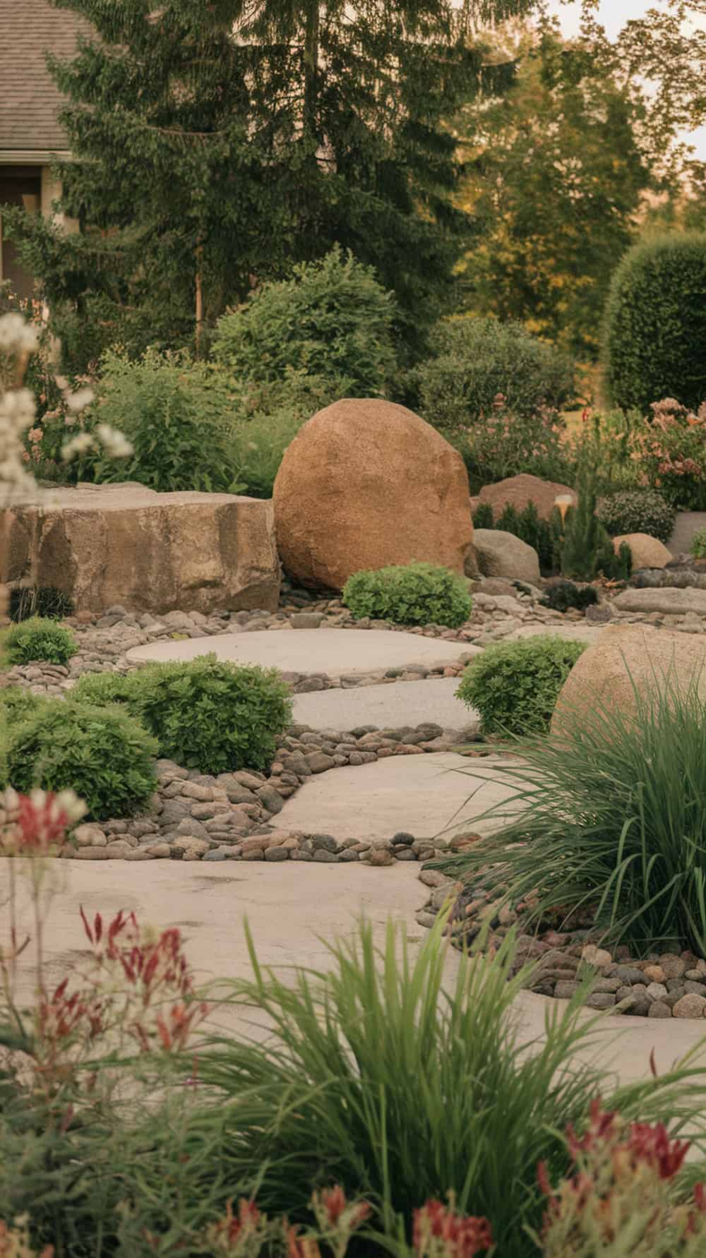 A landscape featuring a mix of large and small rocks surrounded by green plants.