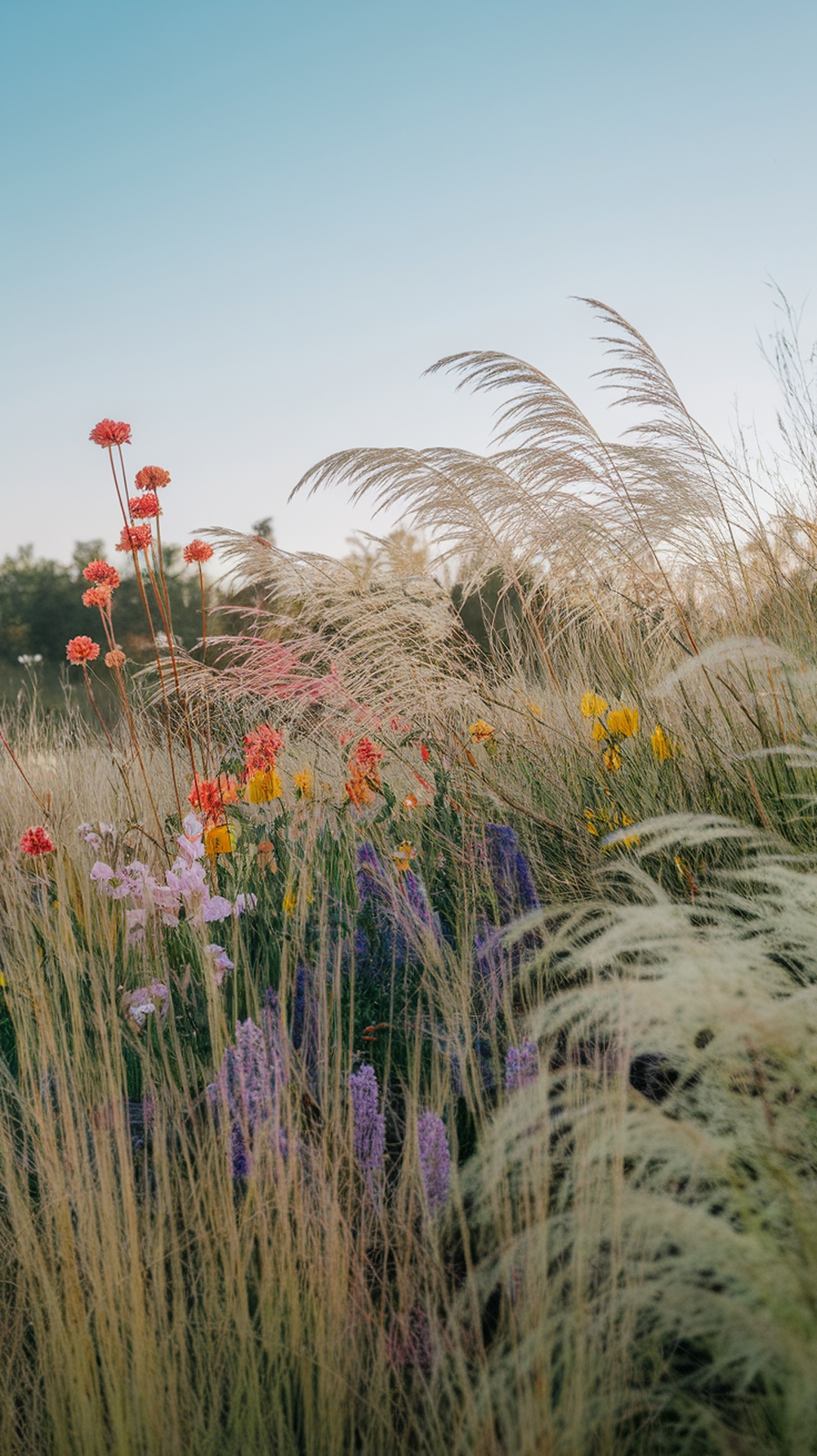 A vibrant flower bed featuring ornamental grasses and colorful flowers.
