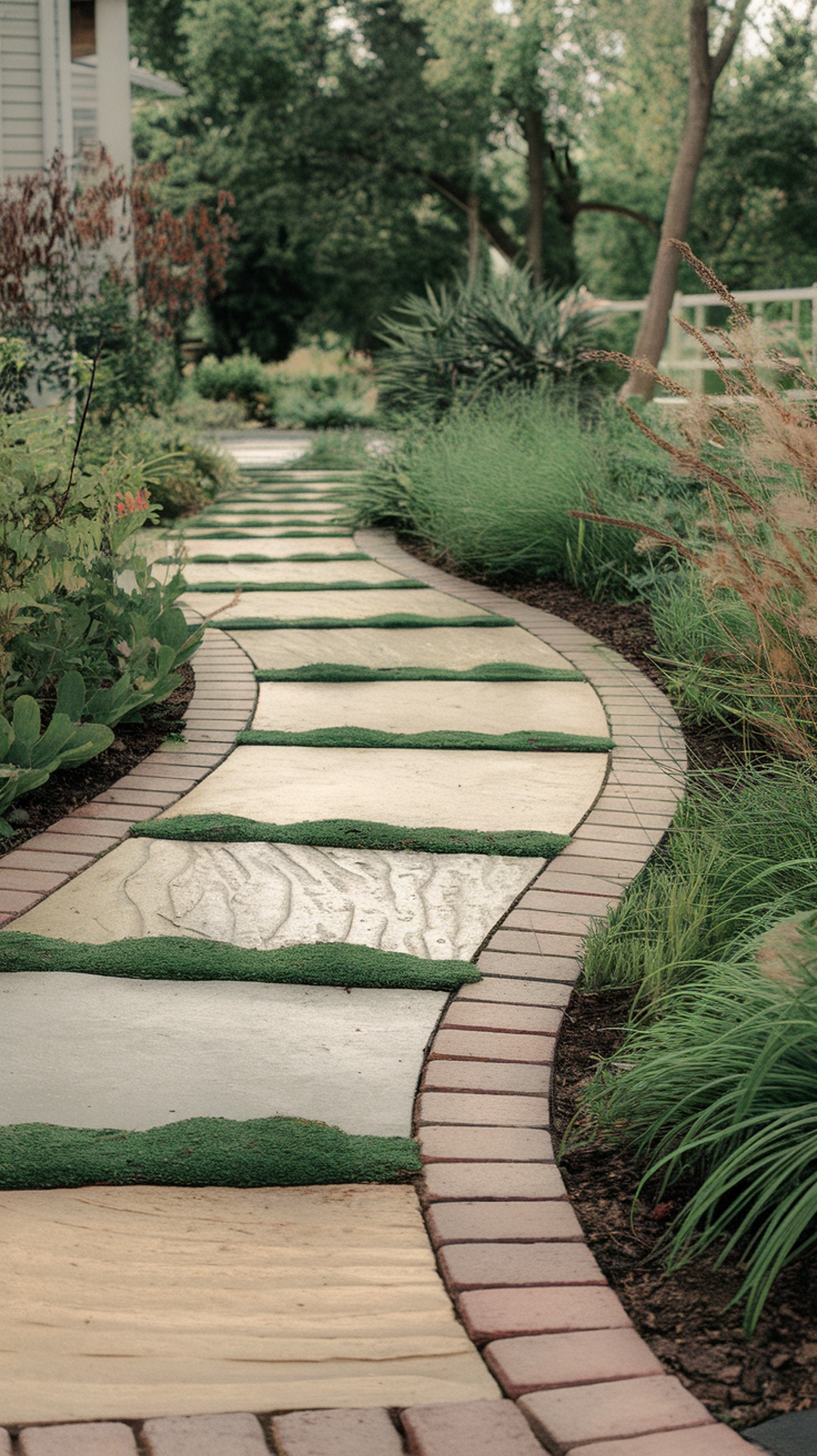 A curved walkway made of stones and bricks, surrounded by greenery.