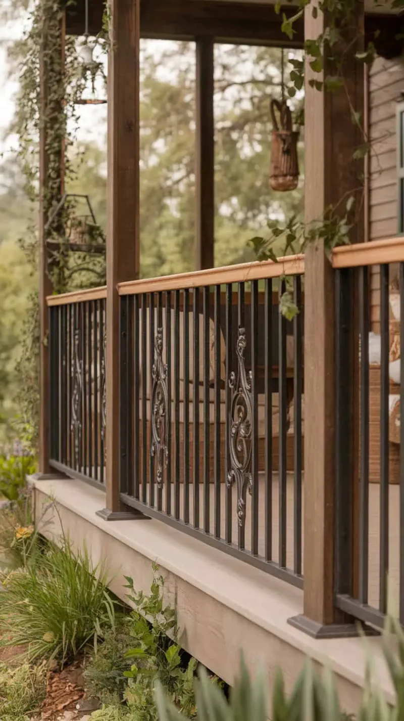 A wooden and iron railing on a porch showcasing a rustic yet refined style.