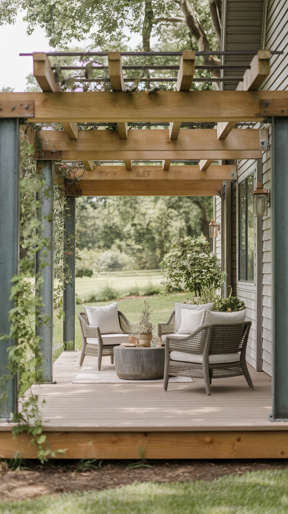 A front porch pergola made of wood and metal with cozy seating and greenery.