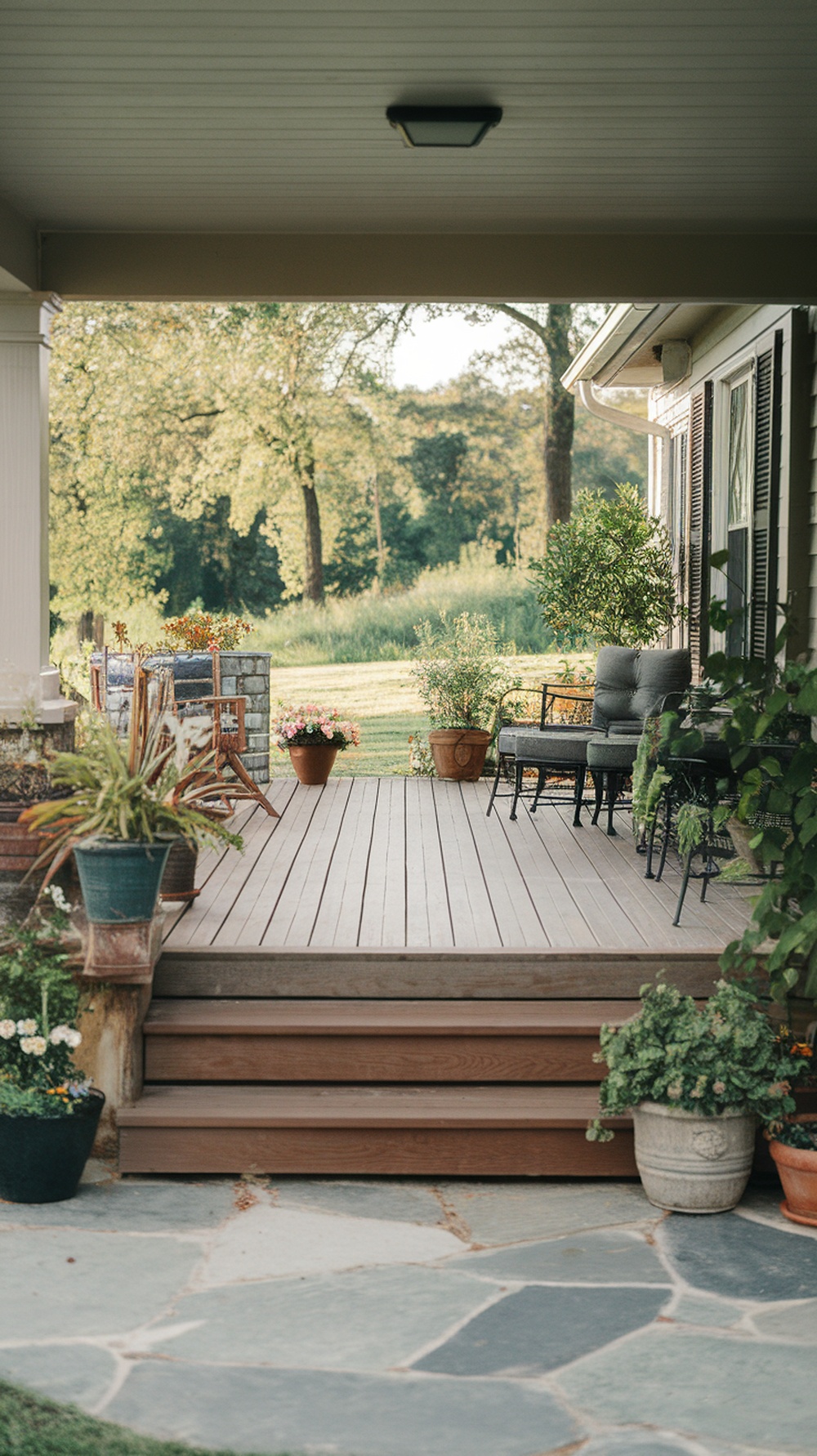 A cozy front porch featuring wooden flooring and a stone pathway, adorned with potted plants.