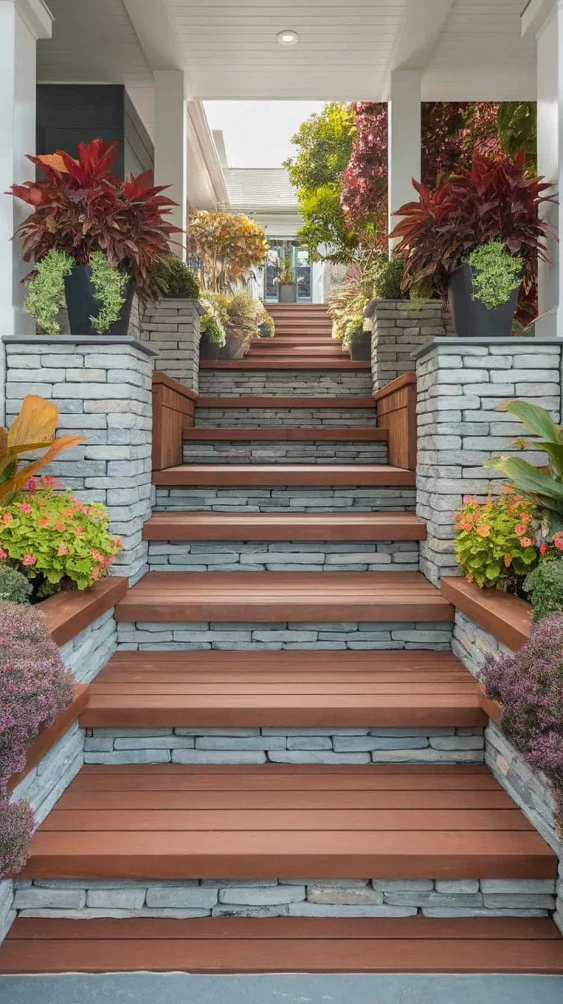 A beautiful front porch with wooden steps and stone walls, adorned with colorful plants