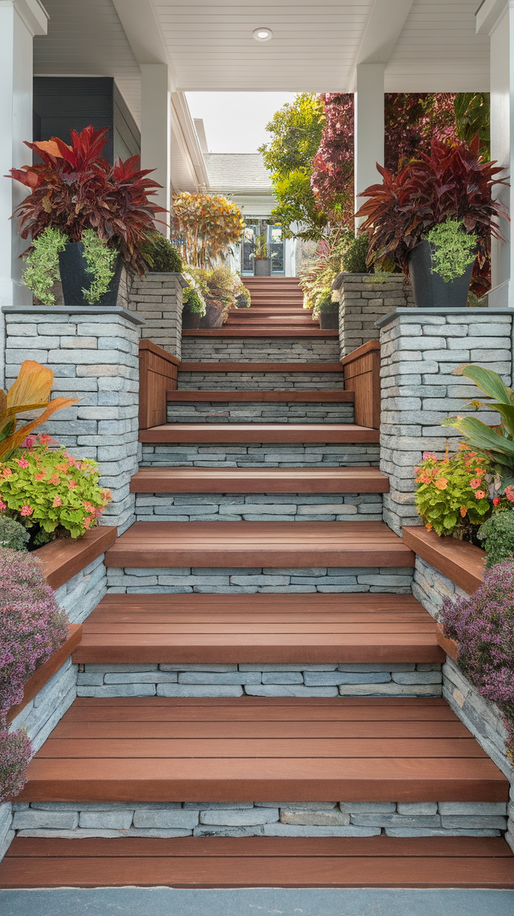 A beautiful front porch with wooden steps and stone walls, adorned with colorful plants