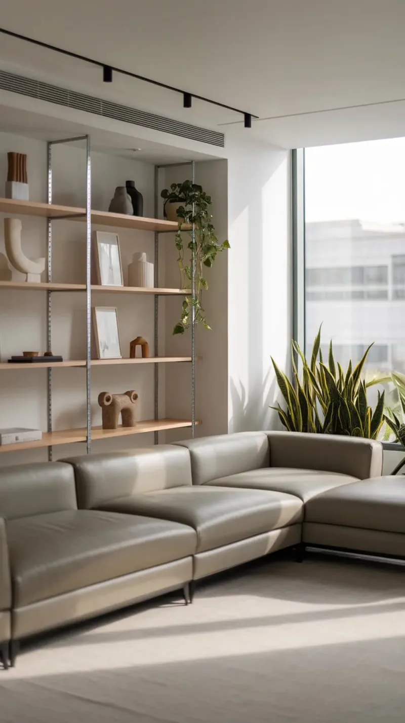 Modern living room featuring a minimal L-shape sofa and open shelving with decor and plants.