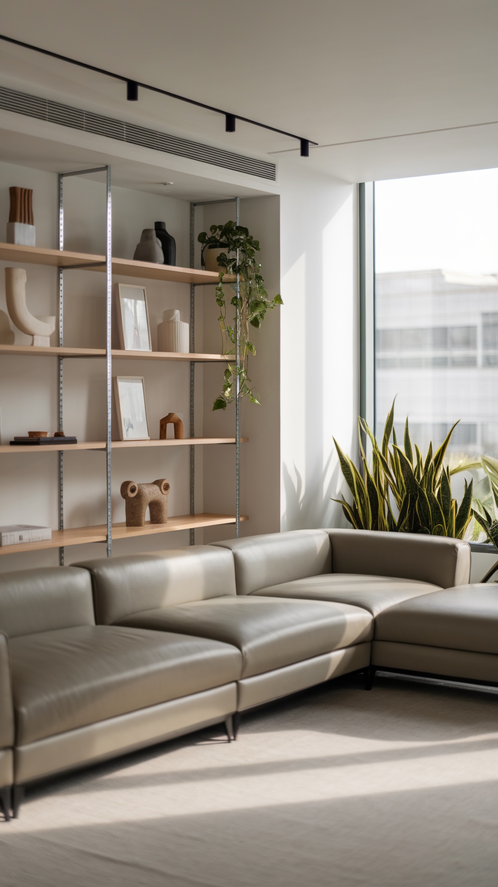 Modern living room featuring a minimal L-shape sofa and open shelving with decor and plants.