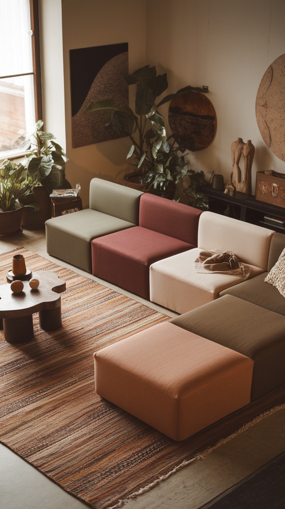 A cozy living room featuring a modular L-shape sofa in earth tones, complemented by plants and a textured area rug.