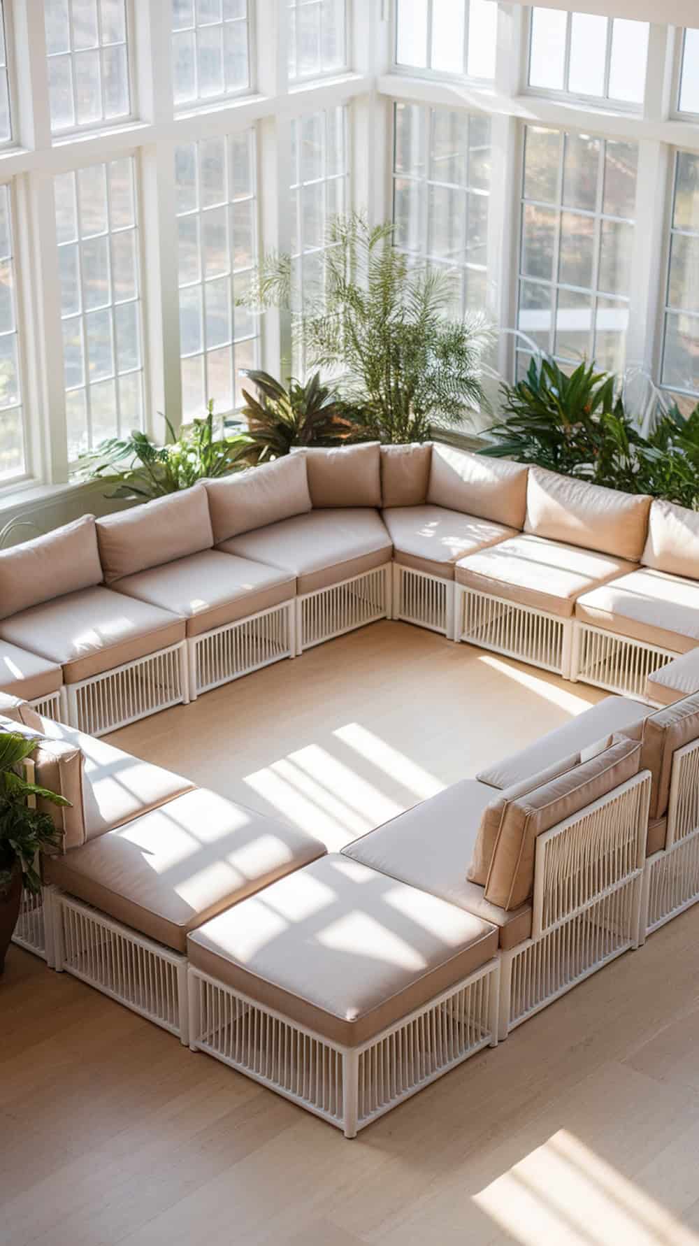 A cozy modular sectional sofa in a sunroom with large windows and plants around.
