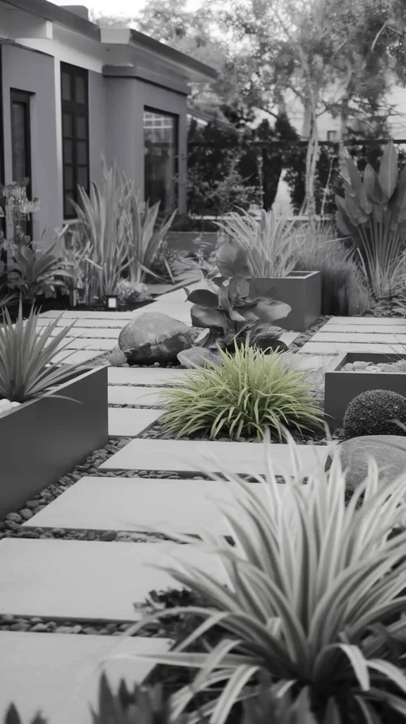 A modern front yard with green plants and a stone pathway.