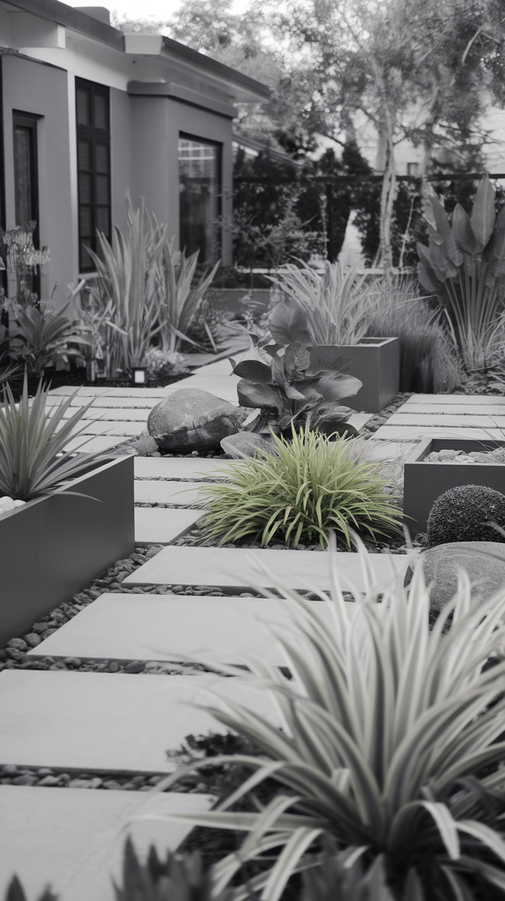 A modern front yard with green plants and a stone pathway.