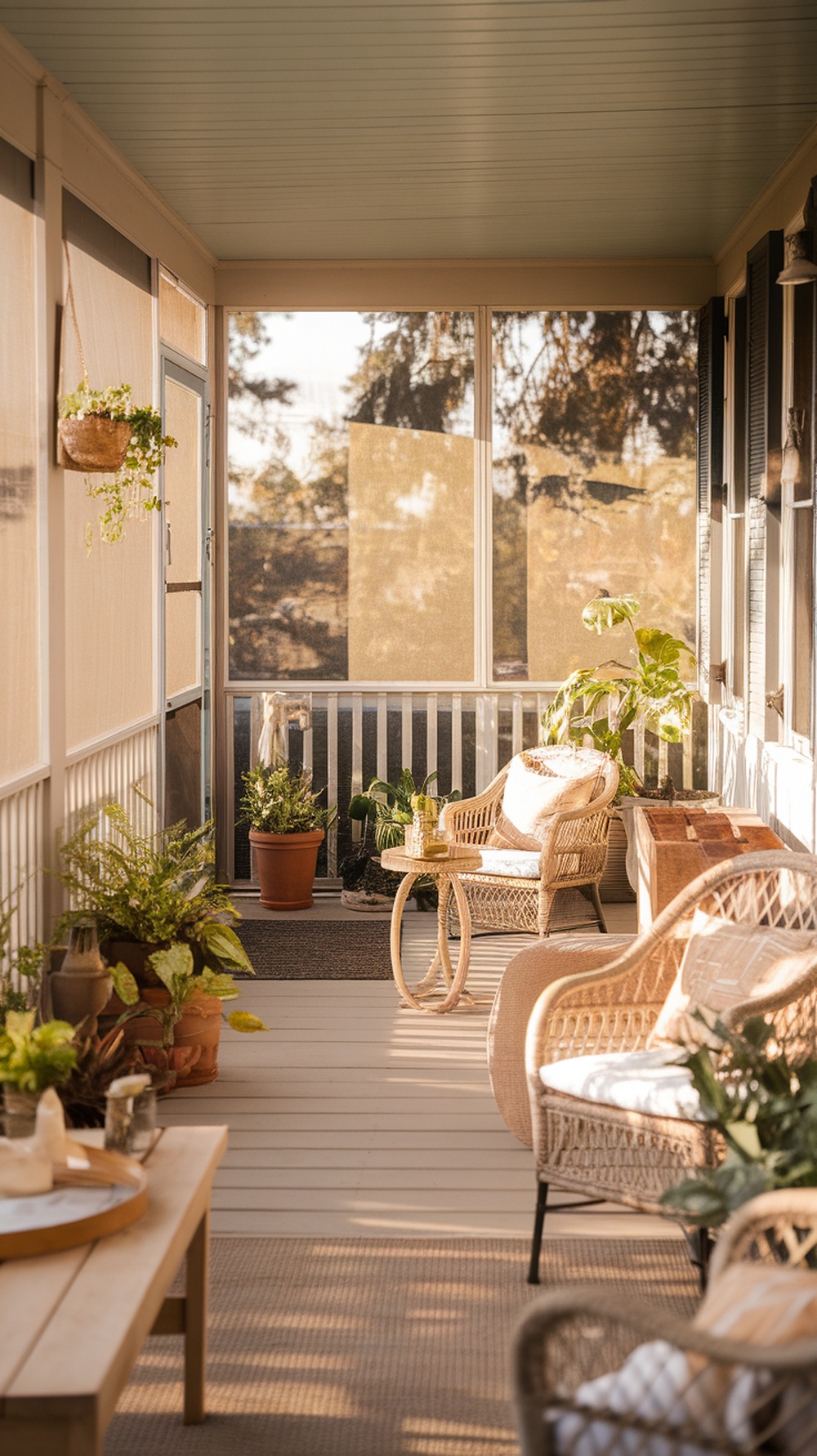 Cozy screened-in porch with muted colors and natural materials