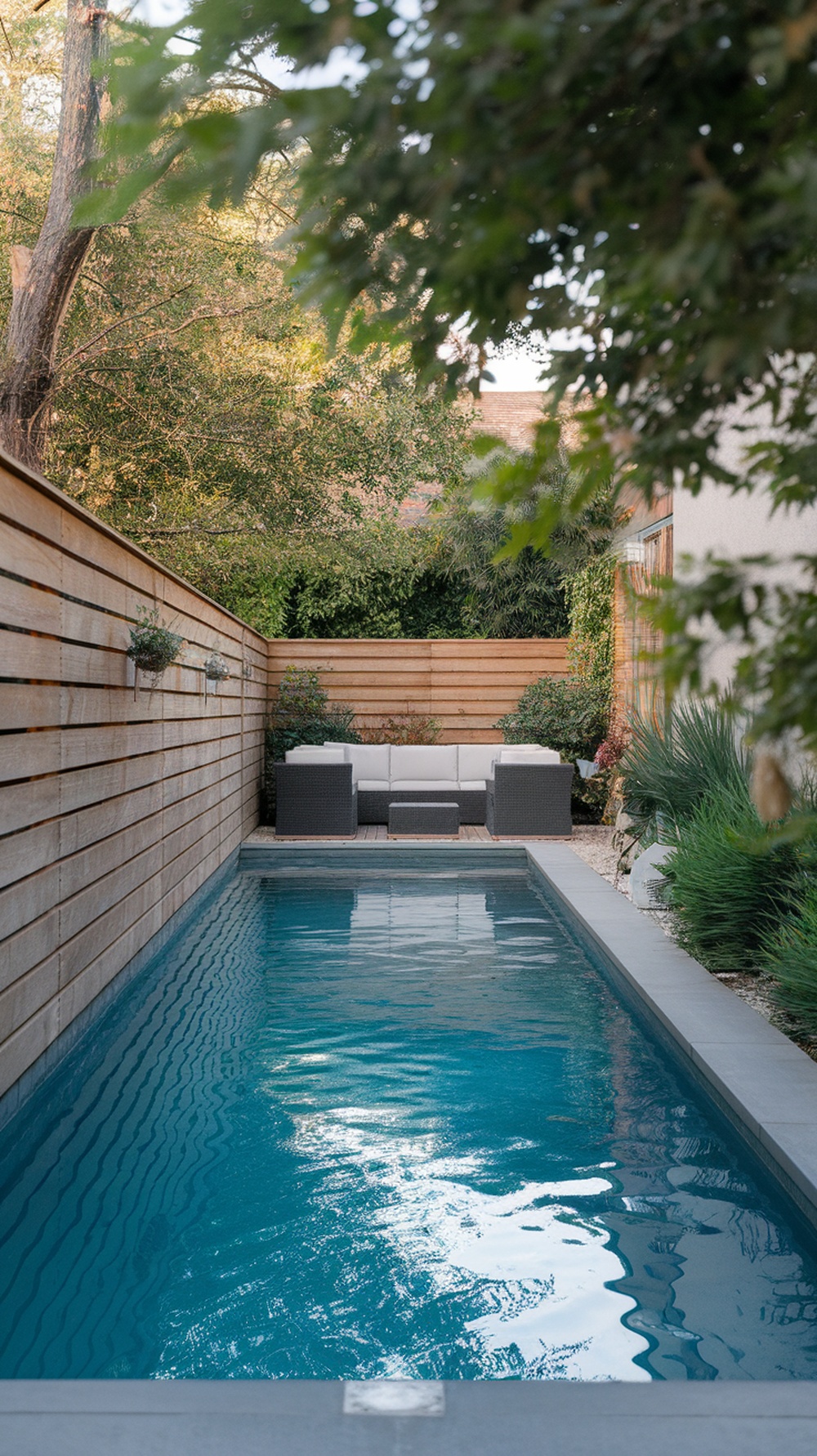A narrow lap pool next to a wooden fence with seating and plants around it.