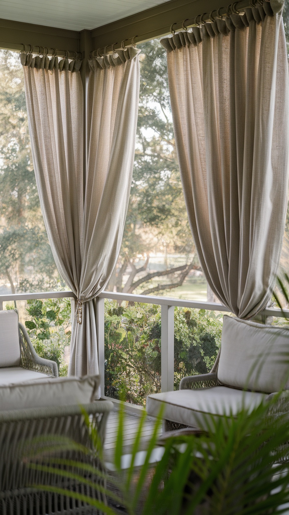 Neutral curtains on a screened-in porch, providing shade and privacy.