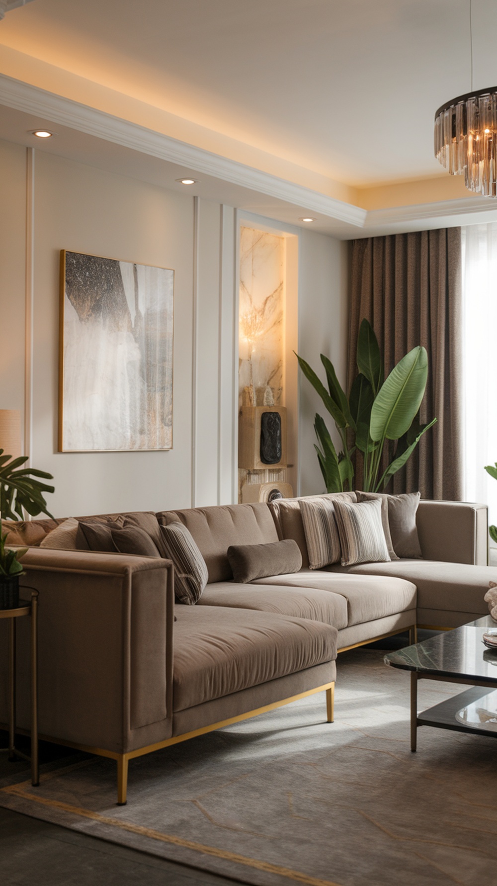 Neutral L-shape sofa with a gold frame, soft cushions, and surrounded by elegant decor.