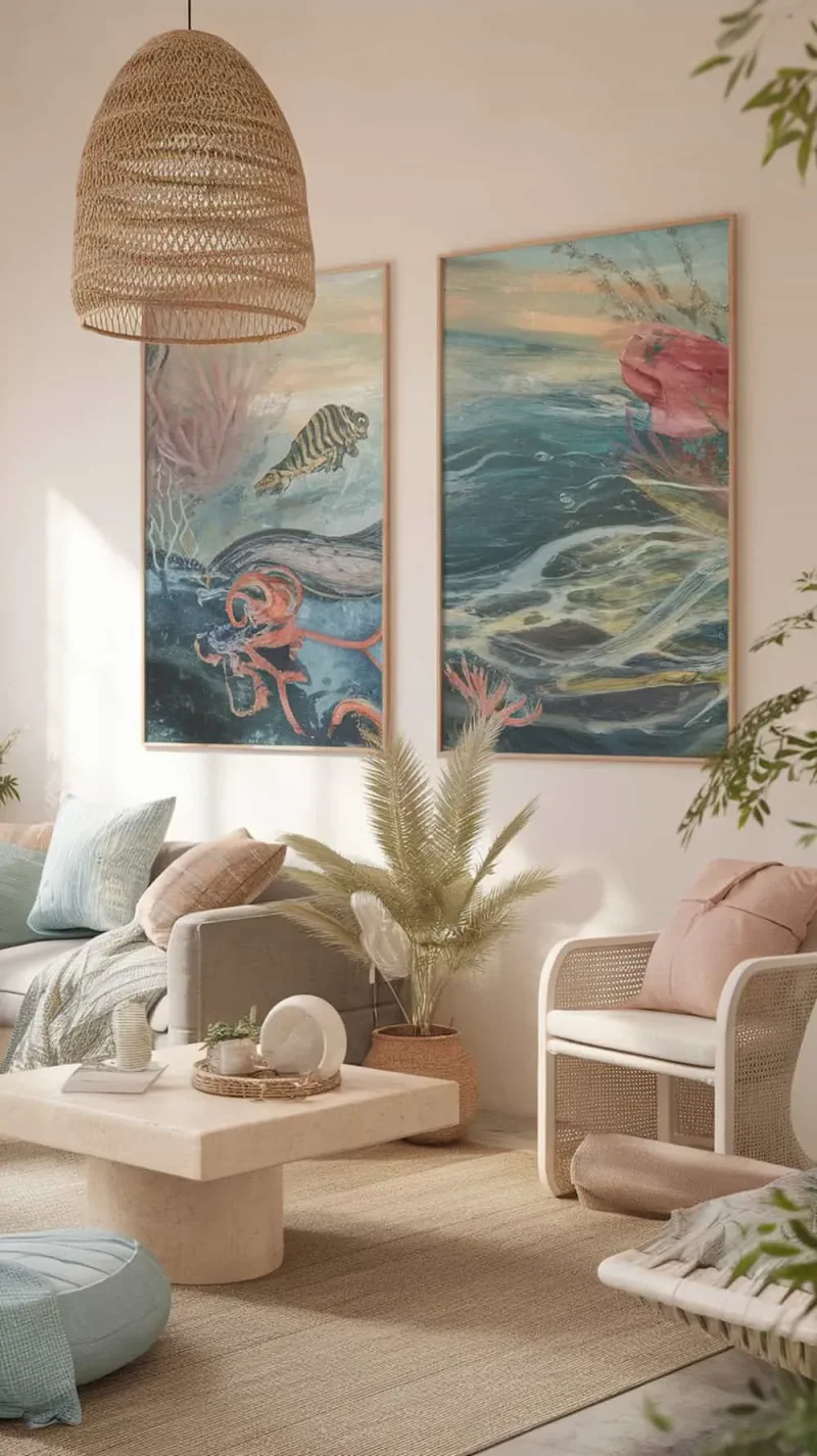 A cozy living room with ocean-inspired wall art featuring sea life and waves.