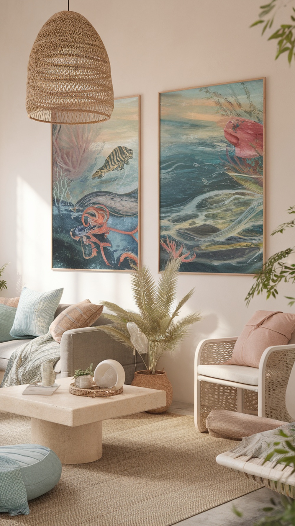 A cozy living room with ocean-inspired wall art featuring sea life and waves.