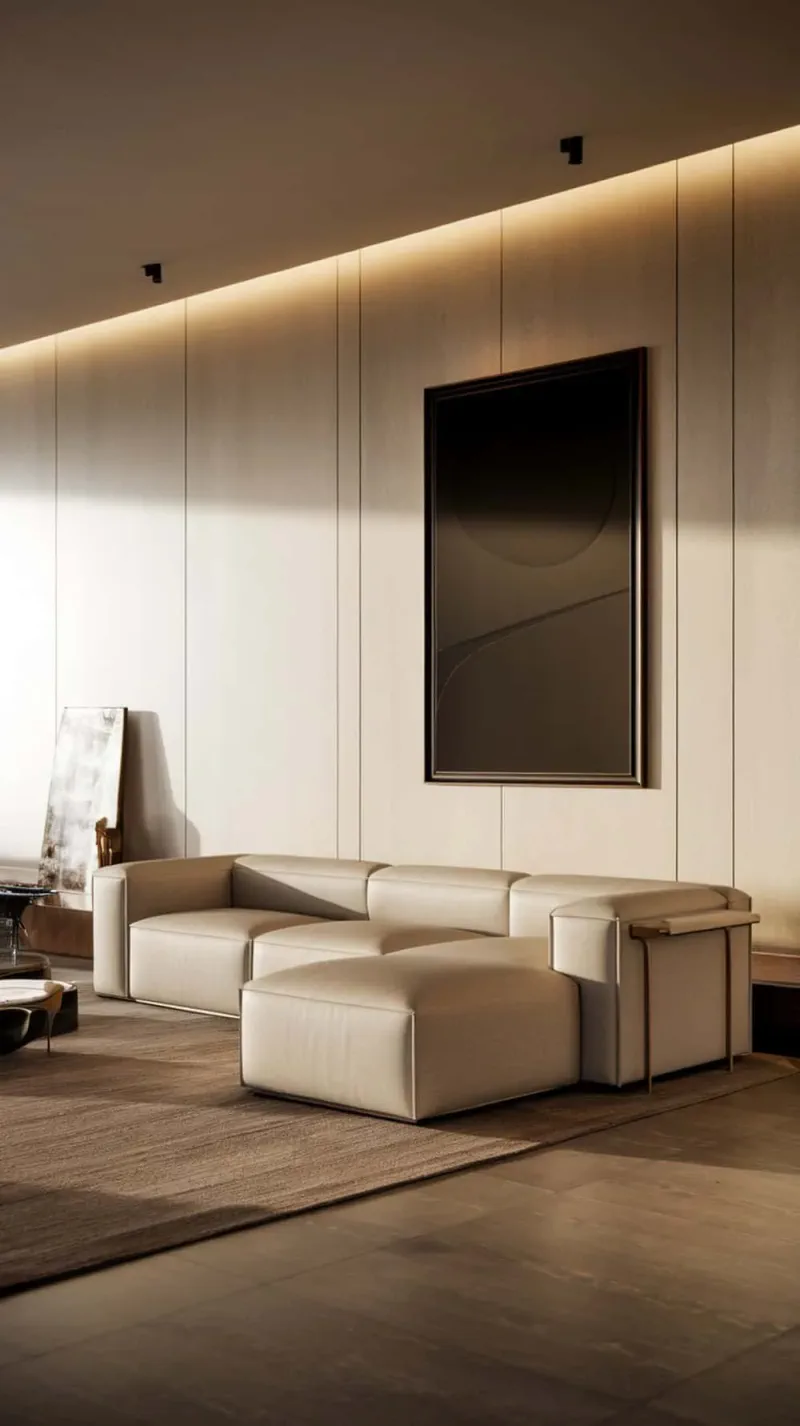 Off-white sectional sofa with clean lines and black framed art against a modern wall.