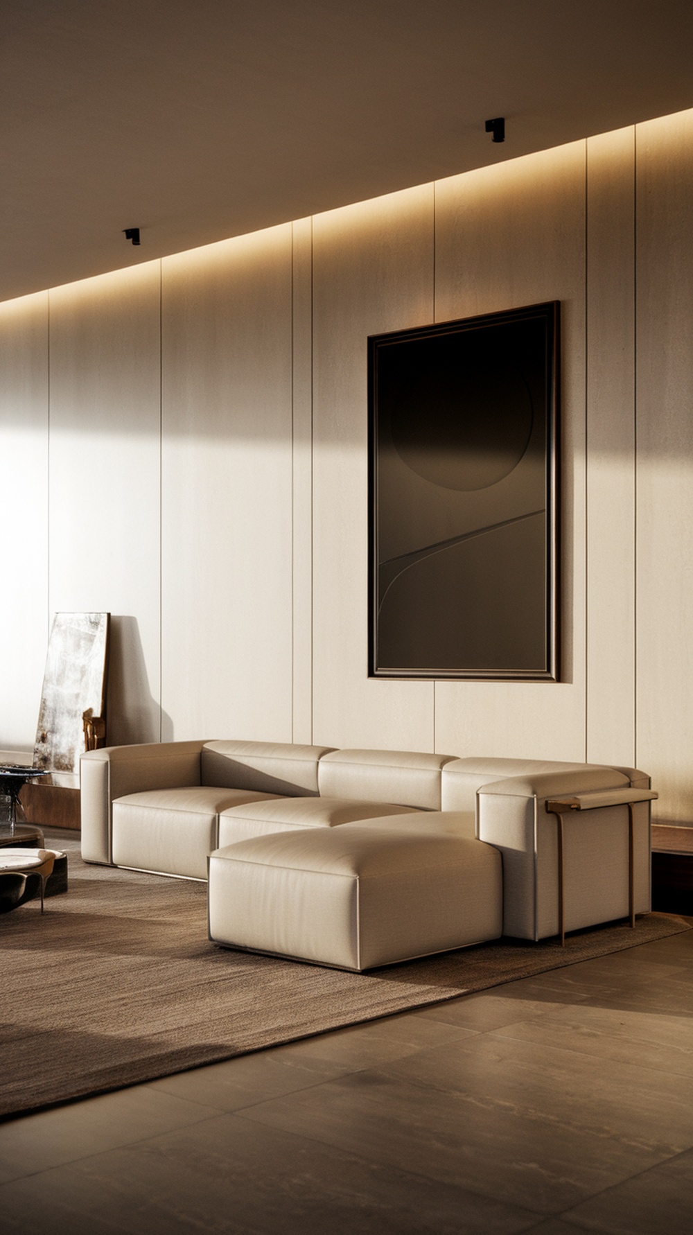 Off-white sectional sofa with clean lines and black framed art against a modern wall.