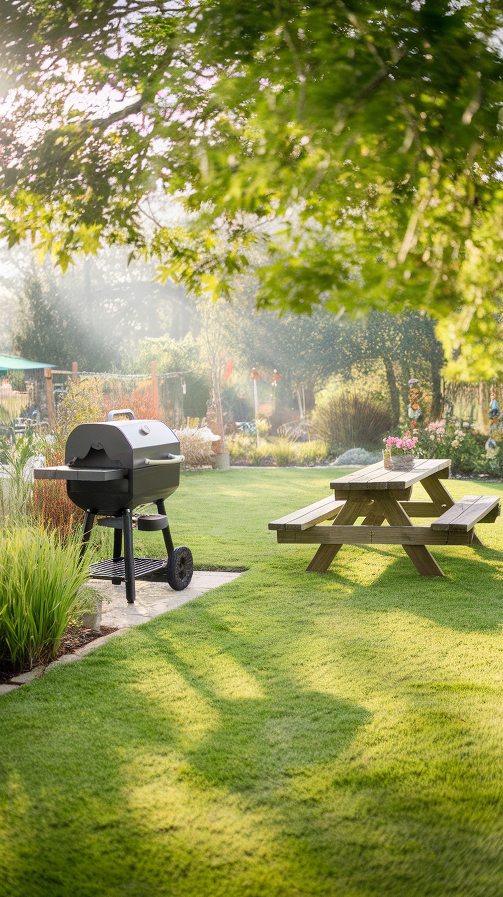 A backyard scene with a grill and picnic table on green grass, surrounded by trees and plants.