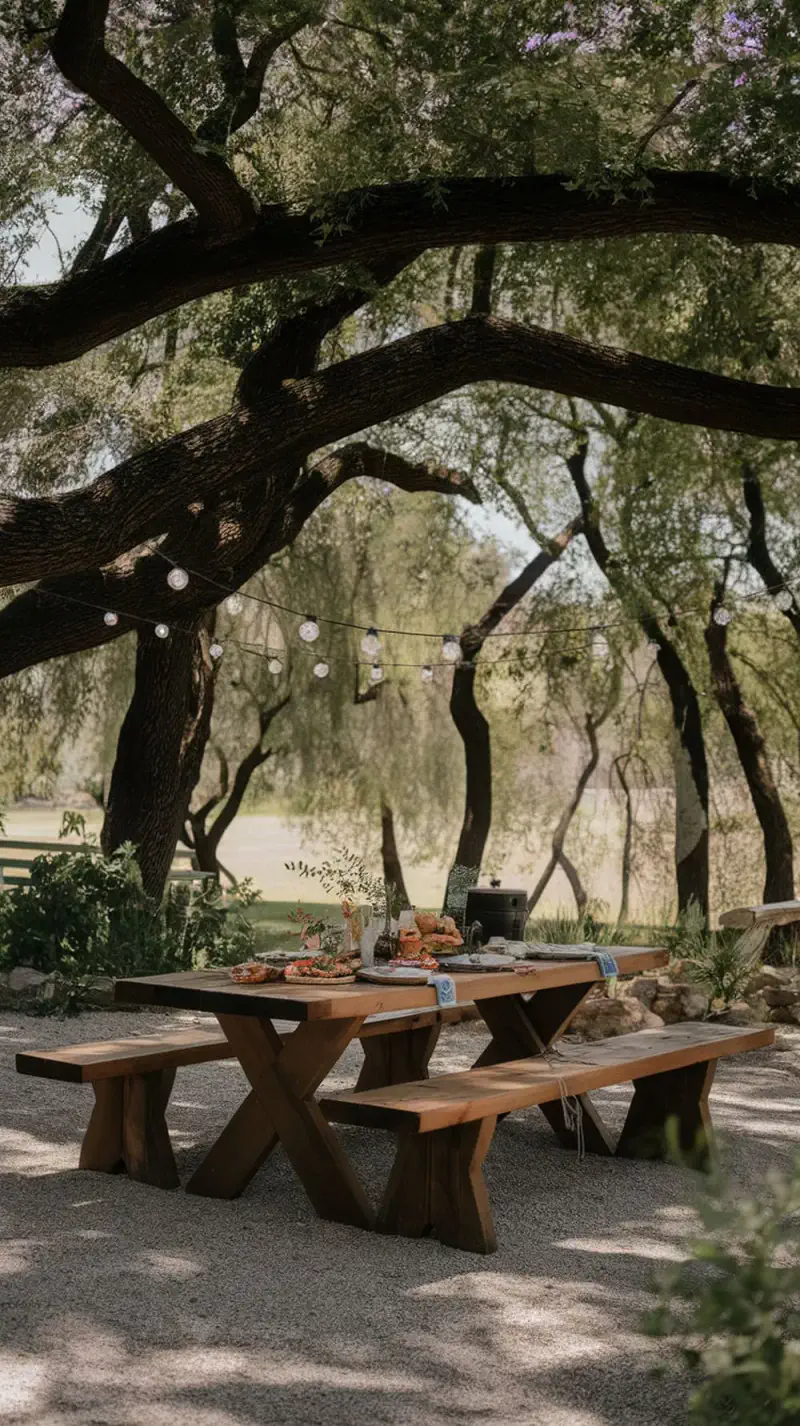 Outdoor dining table with benches under trees, decorated with food and string lights.