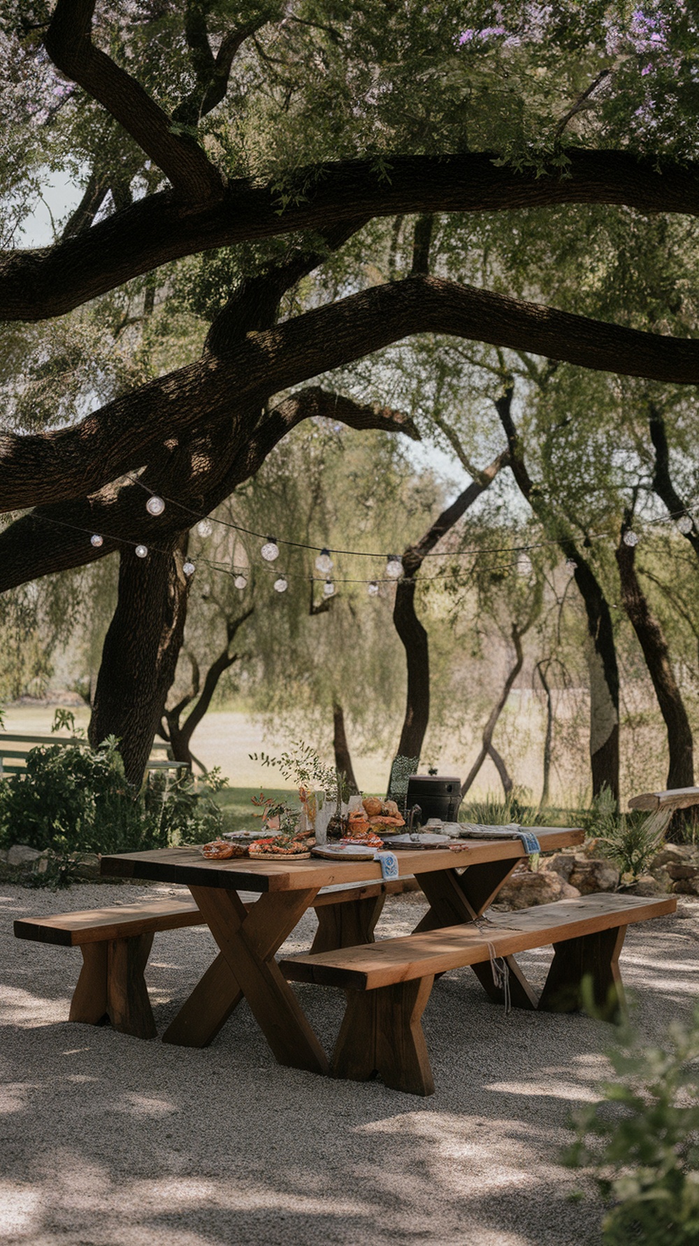 Outdoor dining table with benches under trees, decorated with food and string lights.