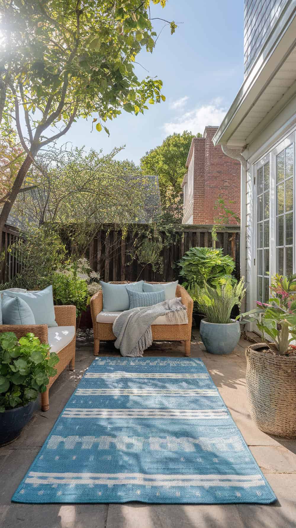 A cozy back patio featuring an outdoor rug, comfortable seating, and vibrant plants.