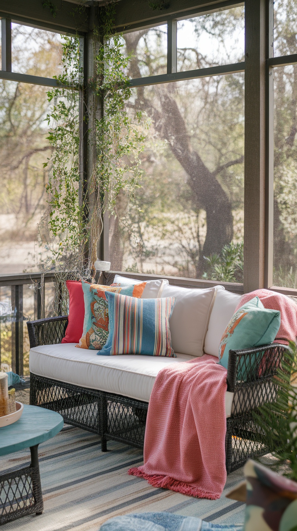Cozy outdoor sofa decorated with colorful throw pillows and a soft blanket on a screened-in porch
