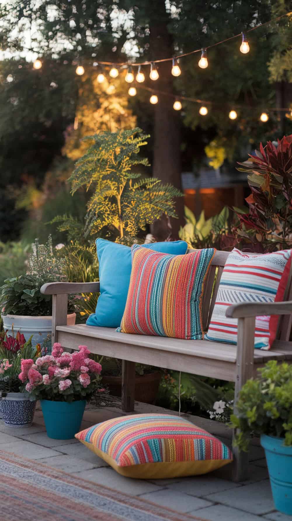 A cozy outdoor bench with colorful throw pillows and string lights overhead.