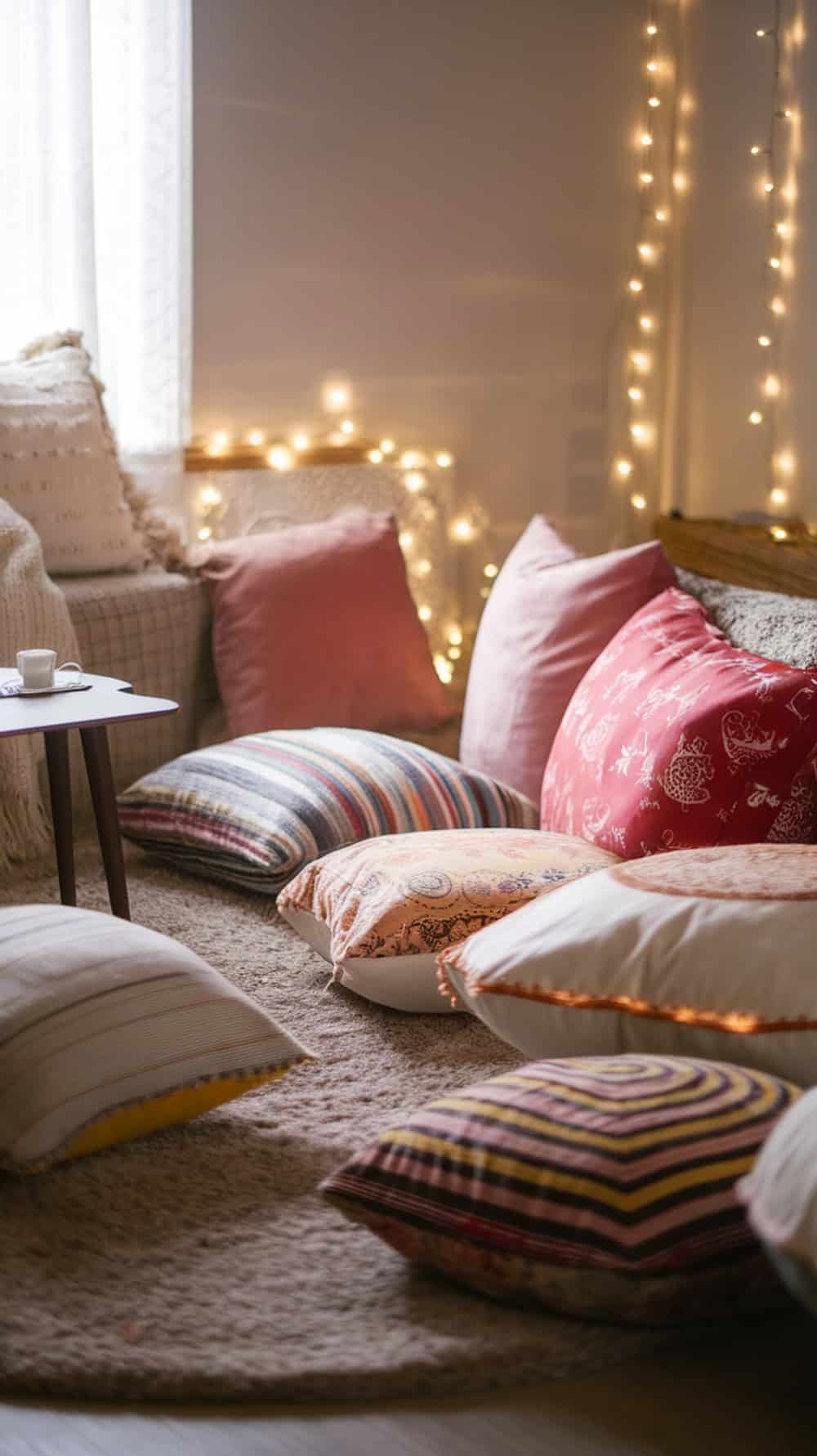 Cozy dorm room setting with oversized floor pillows