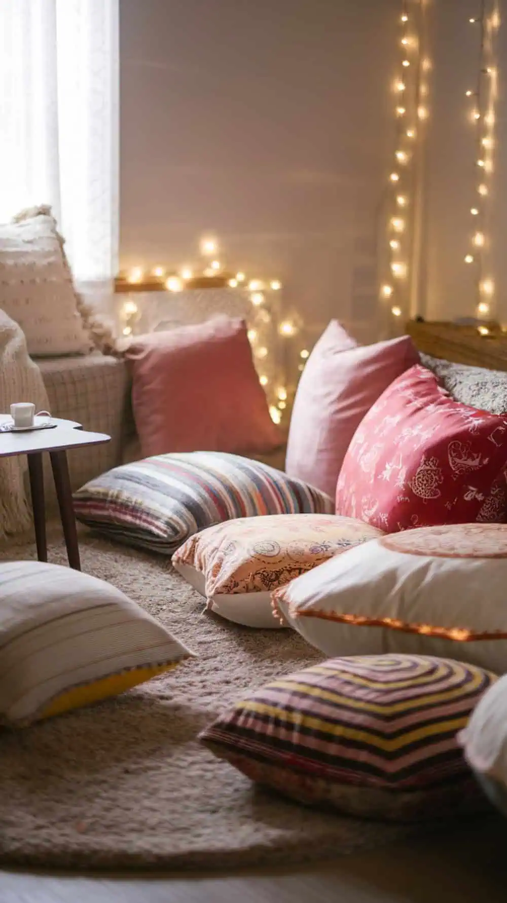 Cozy dorm room setting with oversized floor pillows