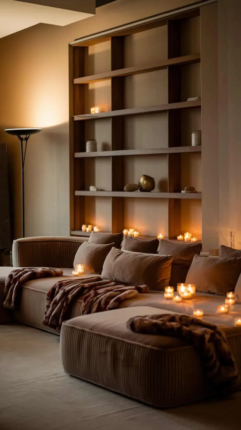 Cozy living room featuring an oversized L-shape sofa adorned with plush throw blankets and lit candles.