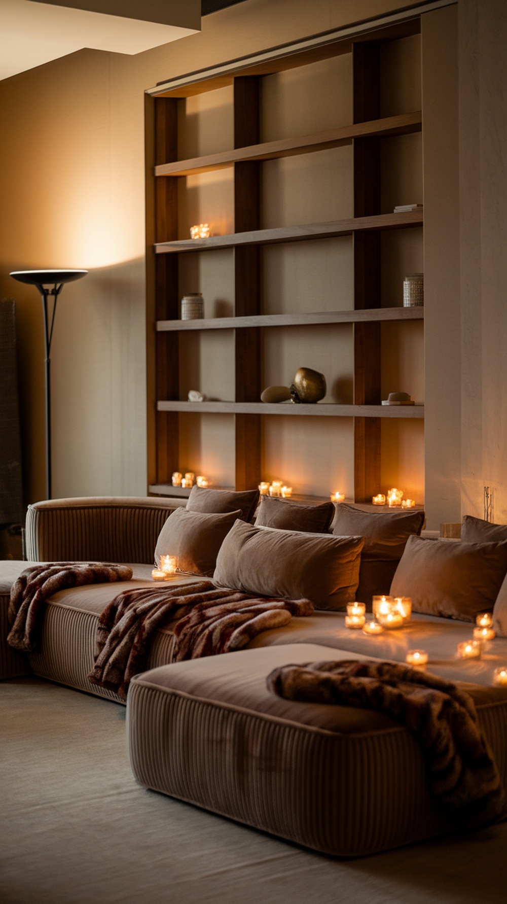 Cozy living room featuring an oversized L-shape sofa adorned with plush throw blankets and lit candles.
