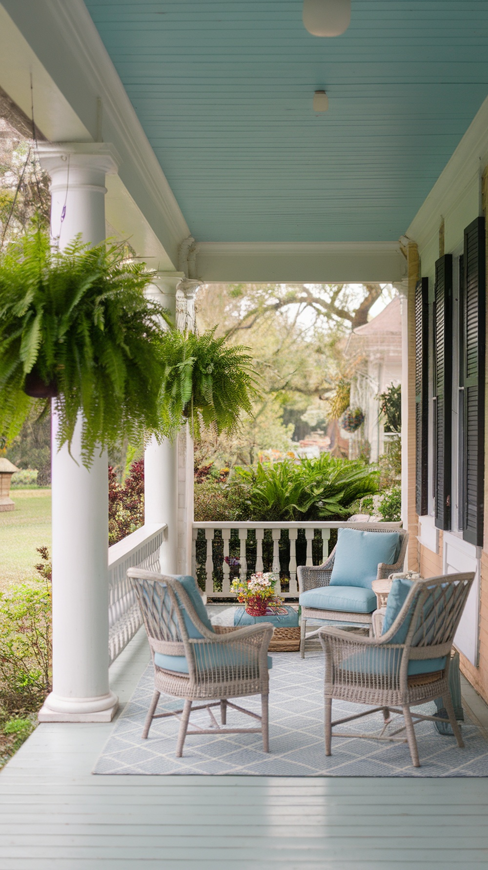 Porch with soft blue ceiling, wicker chairs, and hanging ferns
