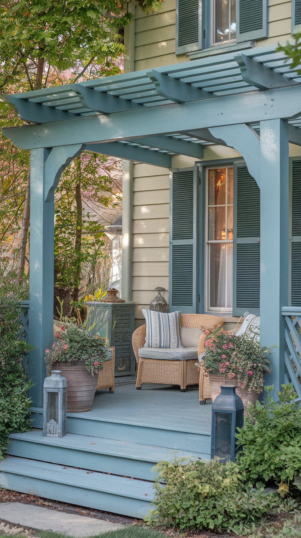 A cozy front porch with a blue pergola, comfortable seating, and colorful plants.