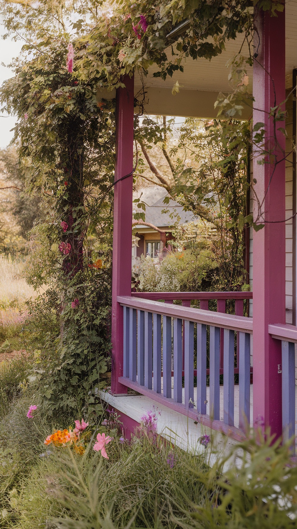 Colorful porch railings painted in purple and blue surrounded by flowers