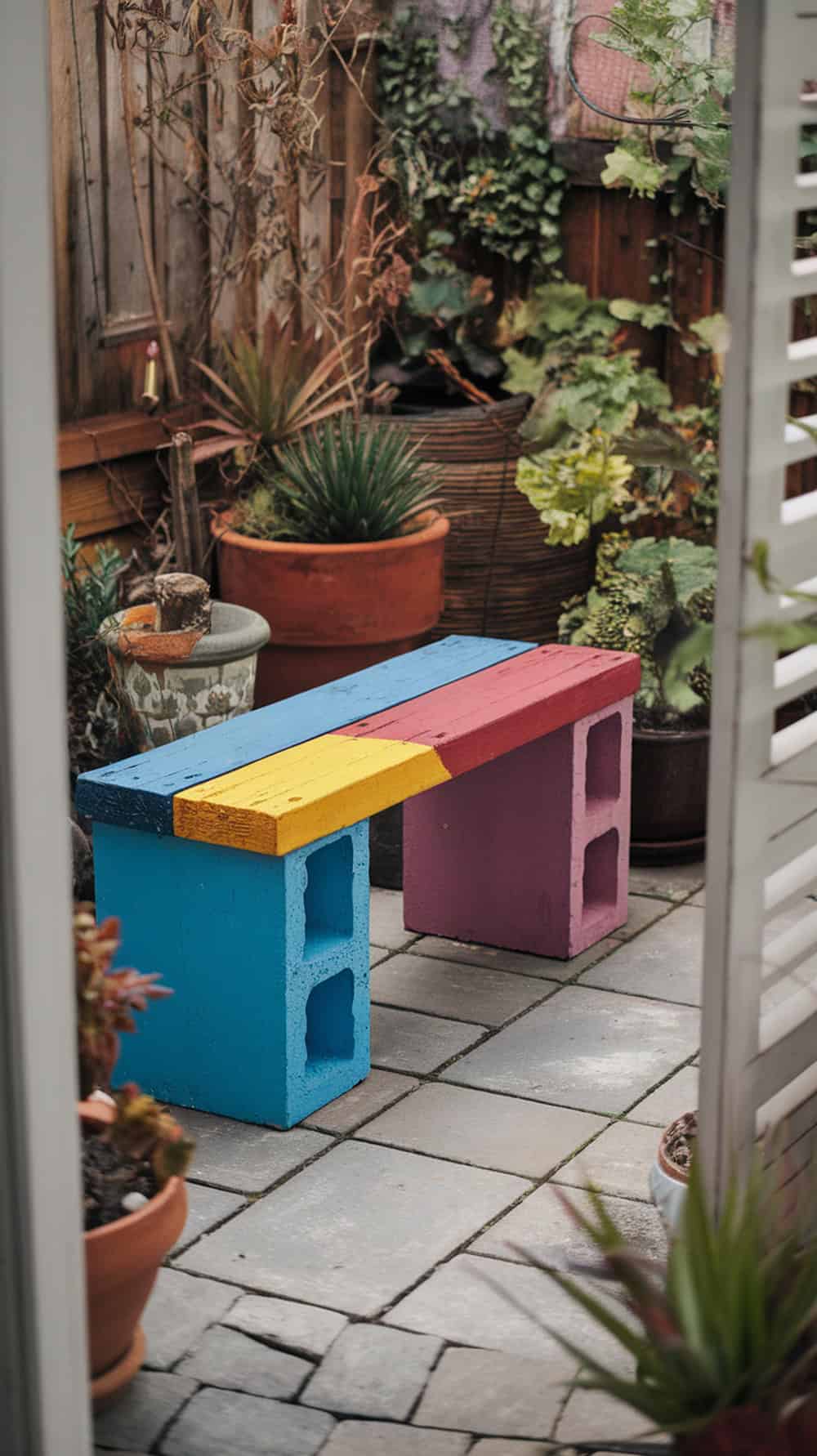 Colorful cinder block bench with a wooden plank seat in a garden setting