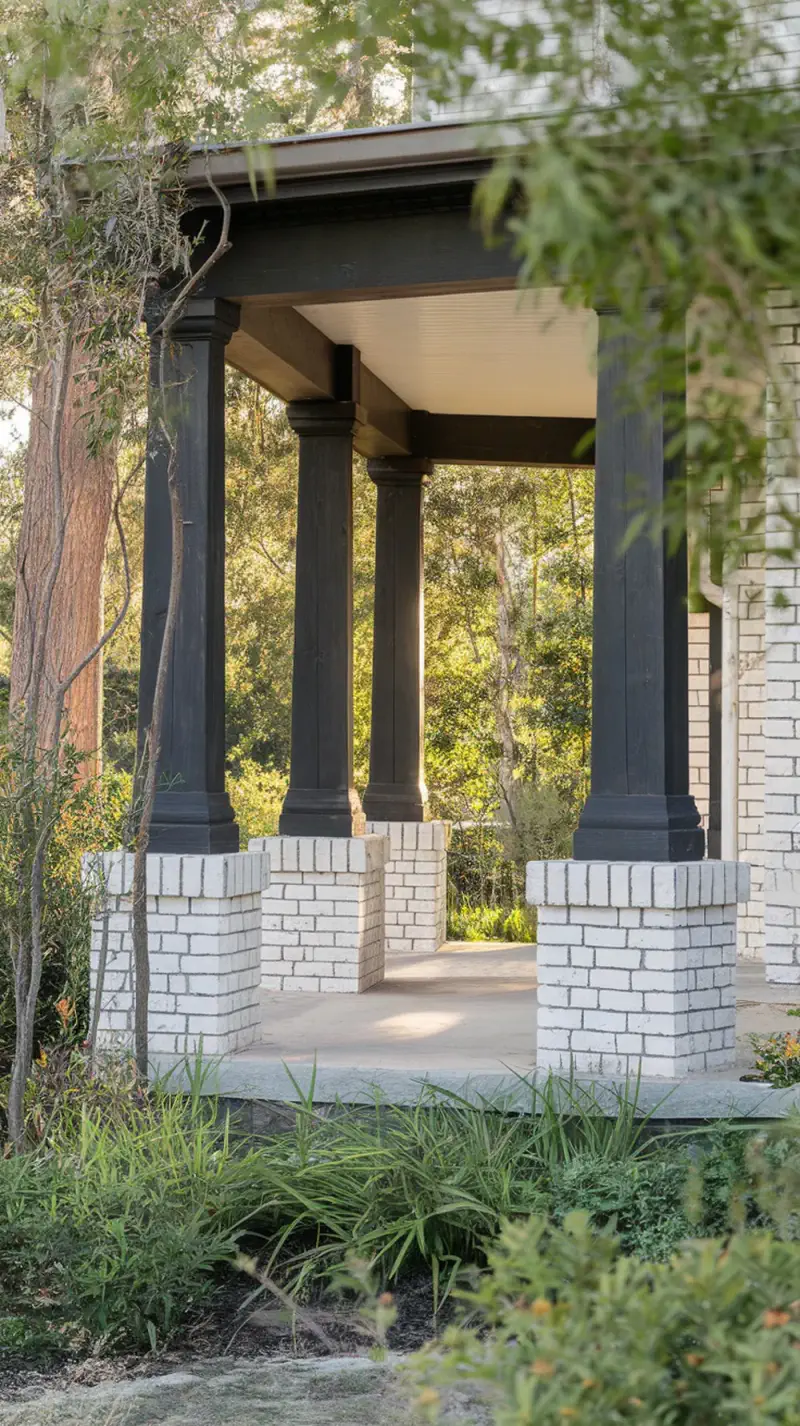 A porch with dark cedar posts and white mortar stone, showcasing a high contrast design.