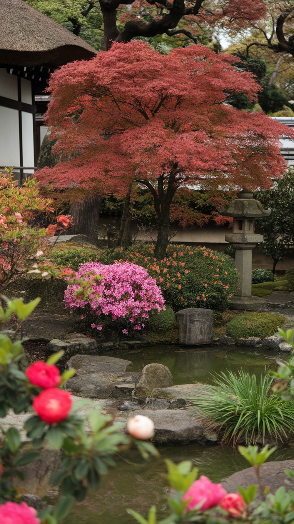 A beautiful Japanese maple tree paired with azaleas and camellias in a garden setting.