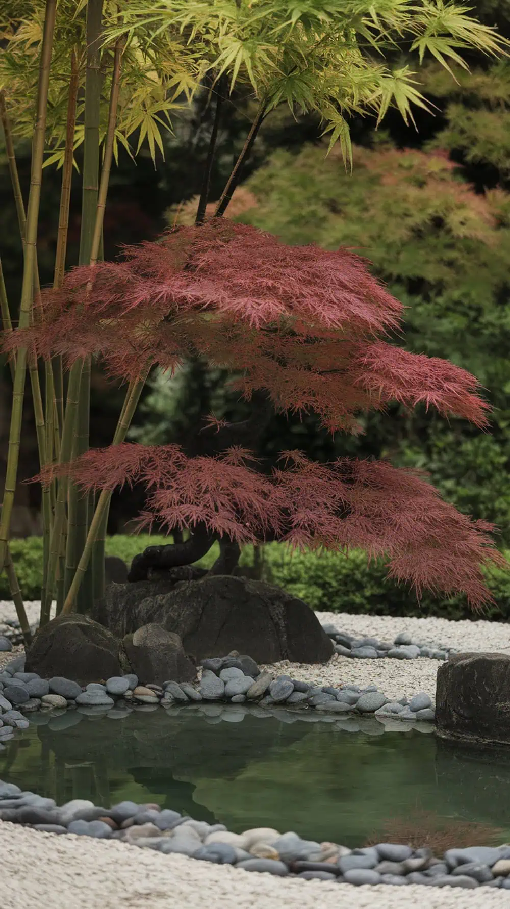A Japanese maple tree with red leaves paired with green bamboo in a serene garden setting.