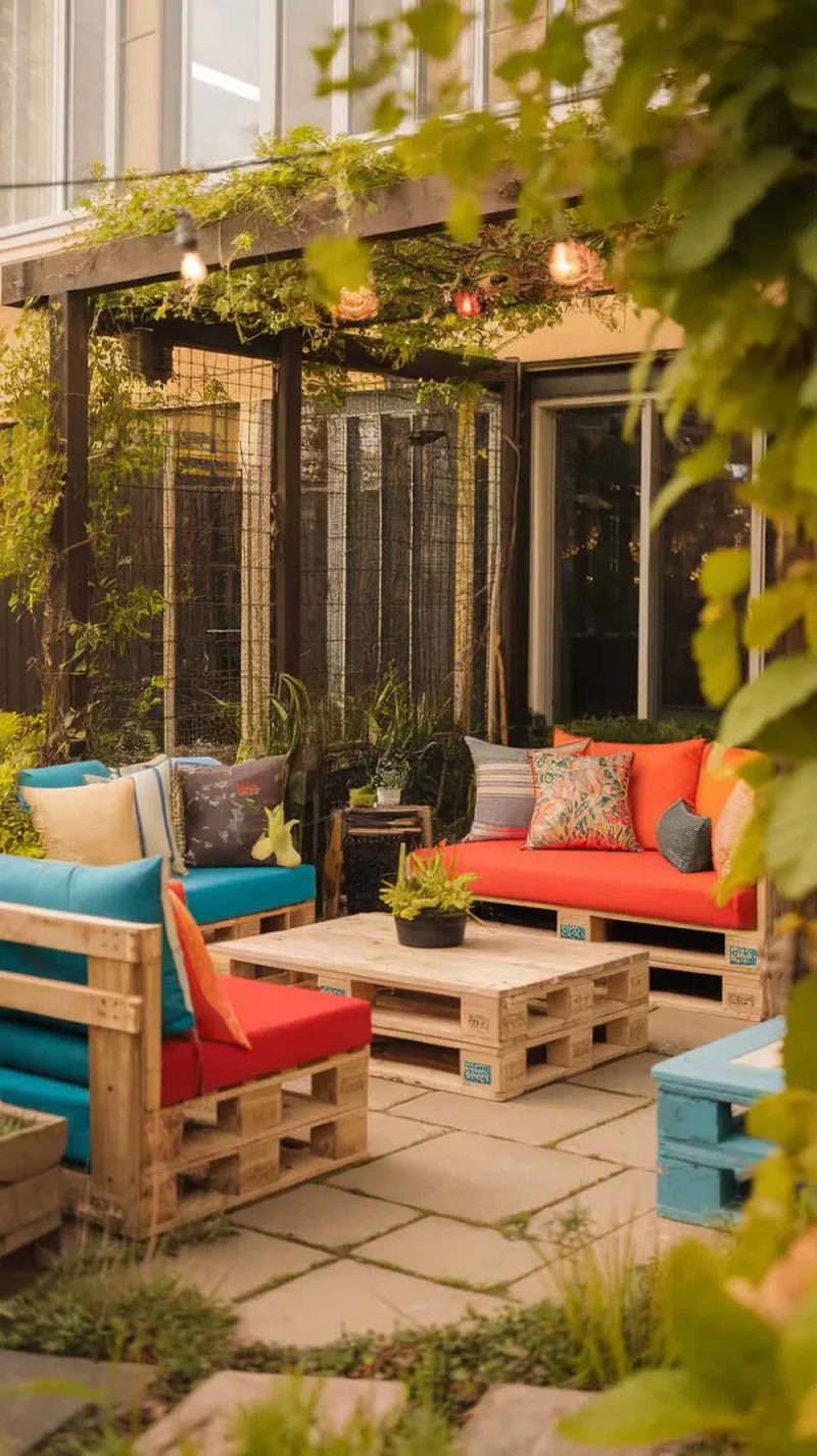 Colorful pallet wood furniture with cushions on a back patio