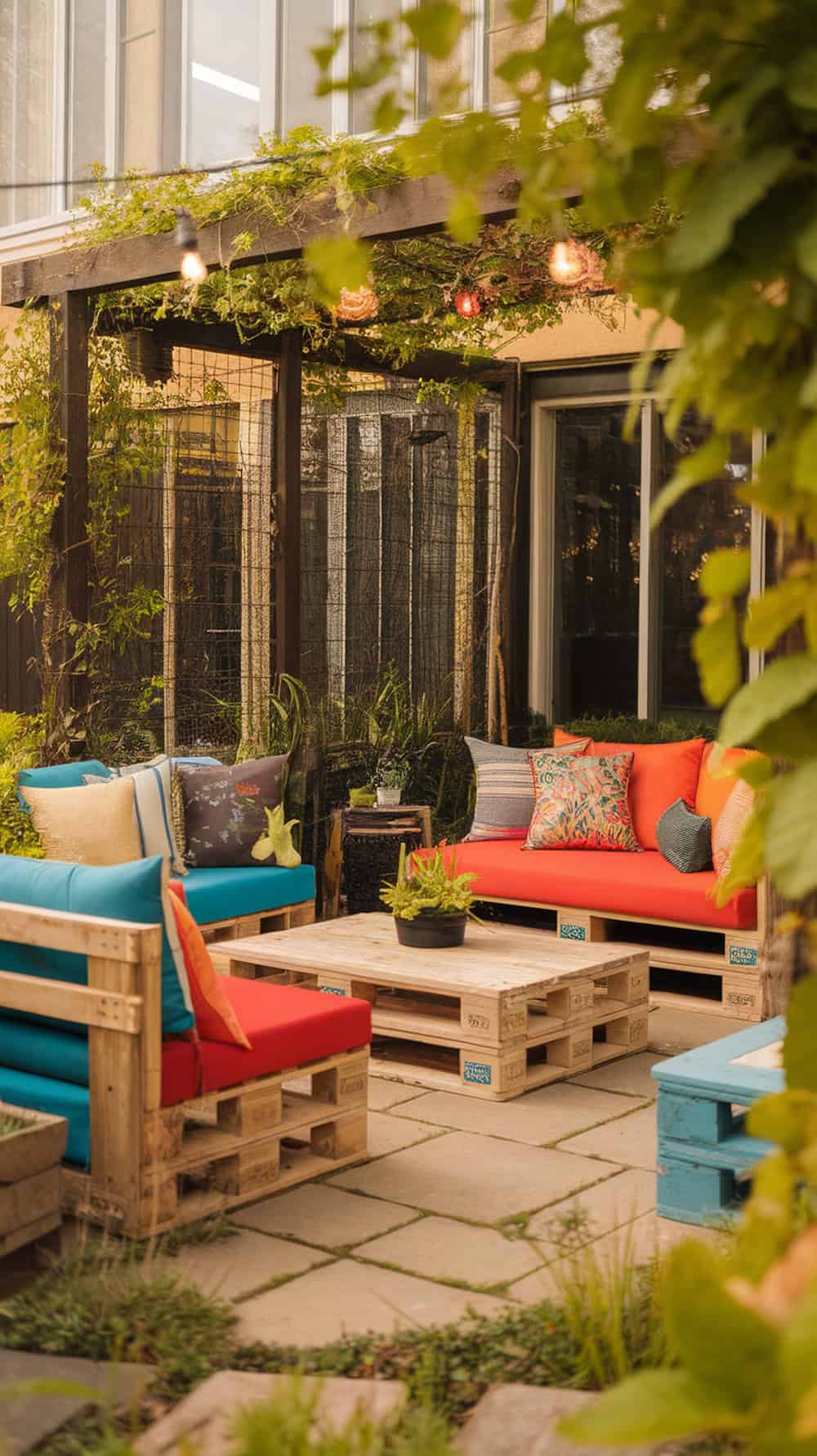 Colorful pallet wood furniture with cushions on a back patio