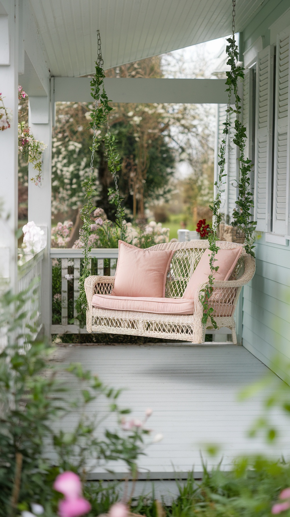 A wicker swing with pink cushions hanging on a porch surrounded by greenery.