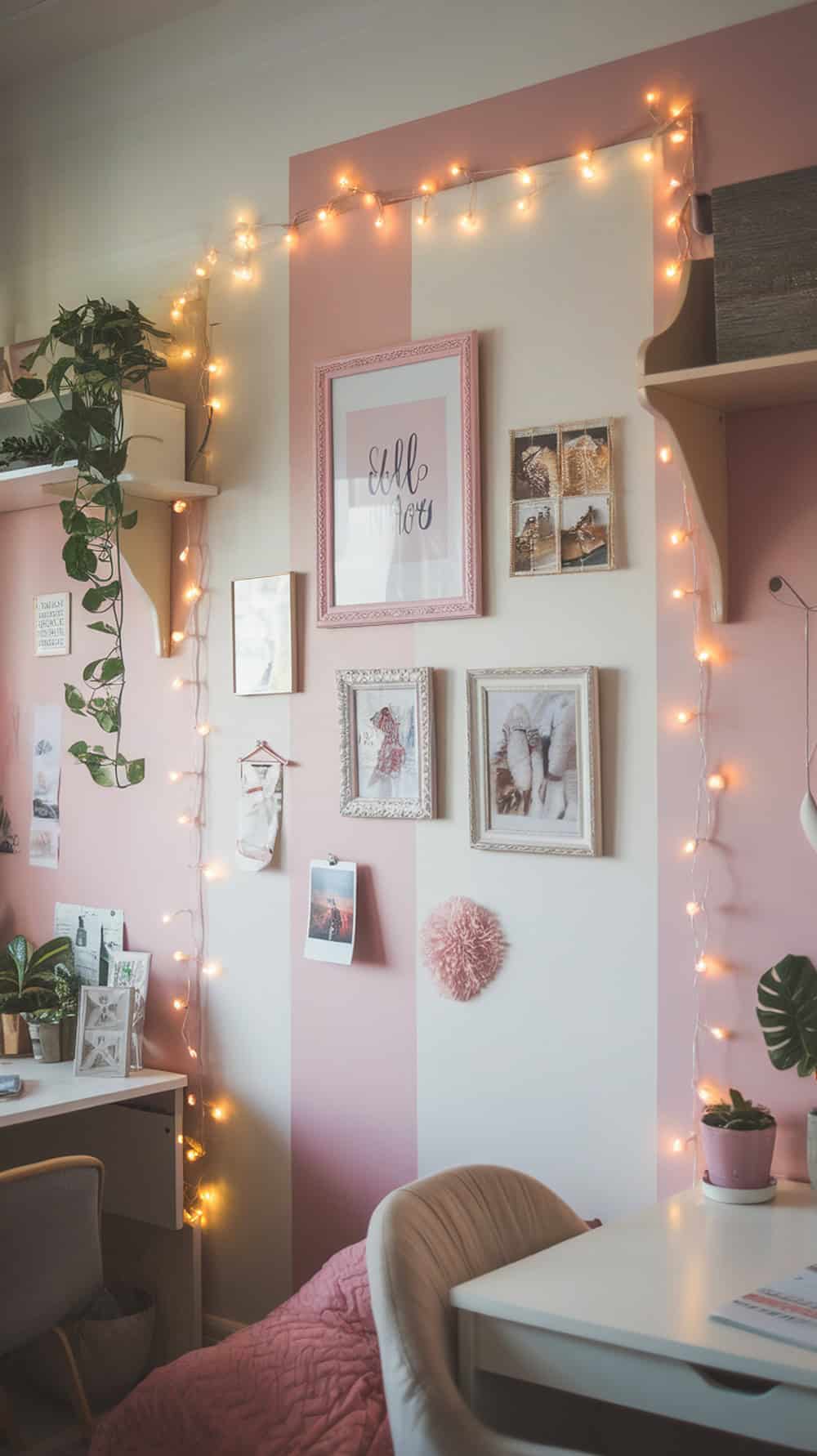A pink and white photo wall with fairy lights, featuring framed pictures and plants.