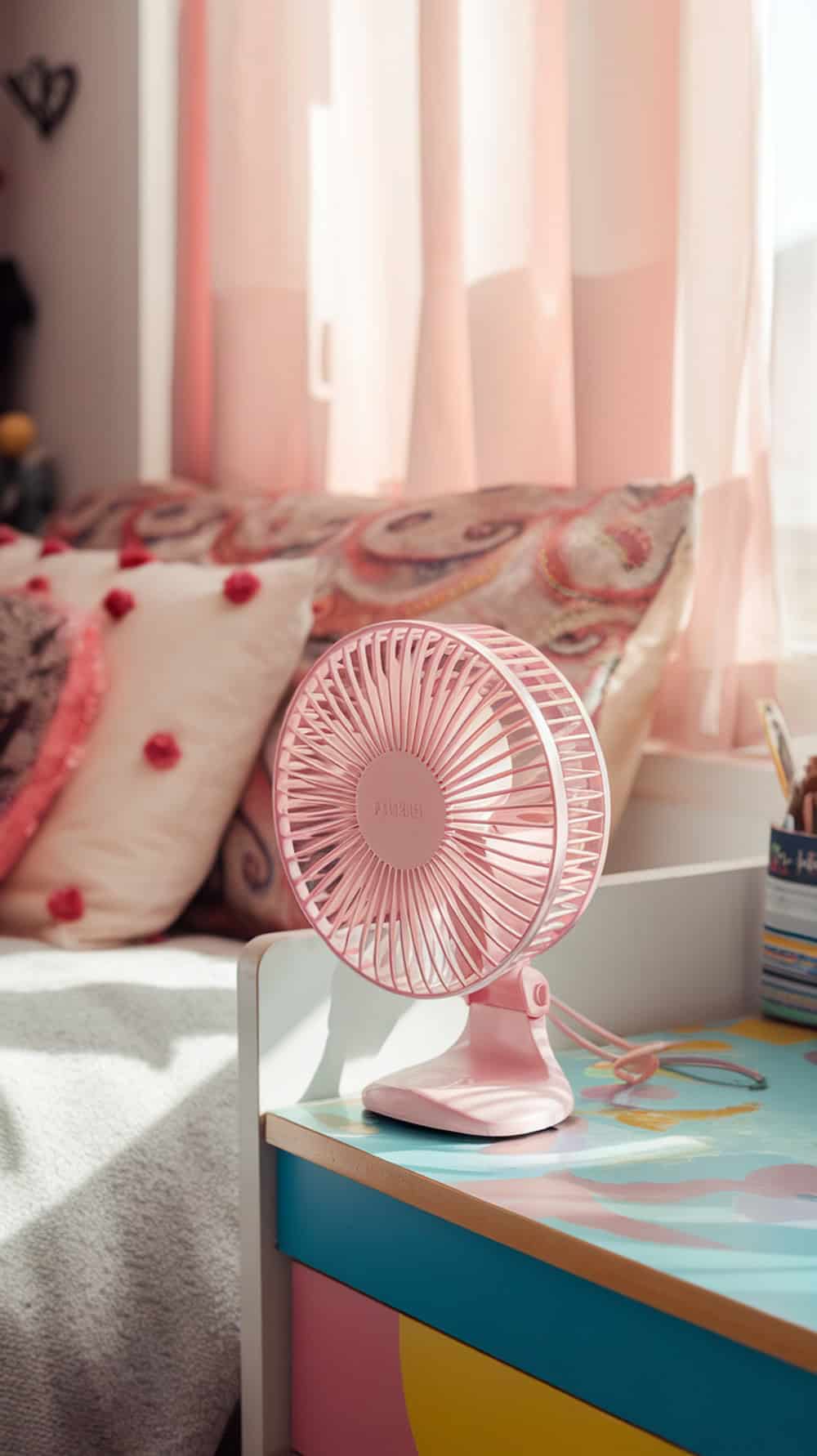 A pink clip-on fan on a bedside table in a dorm room