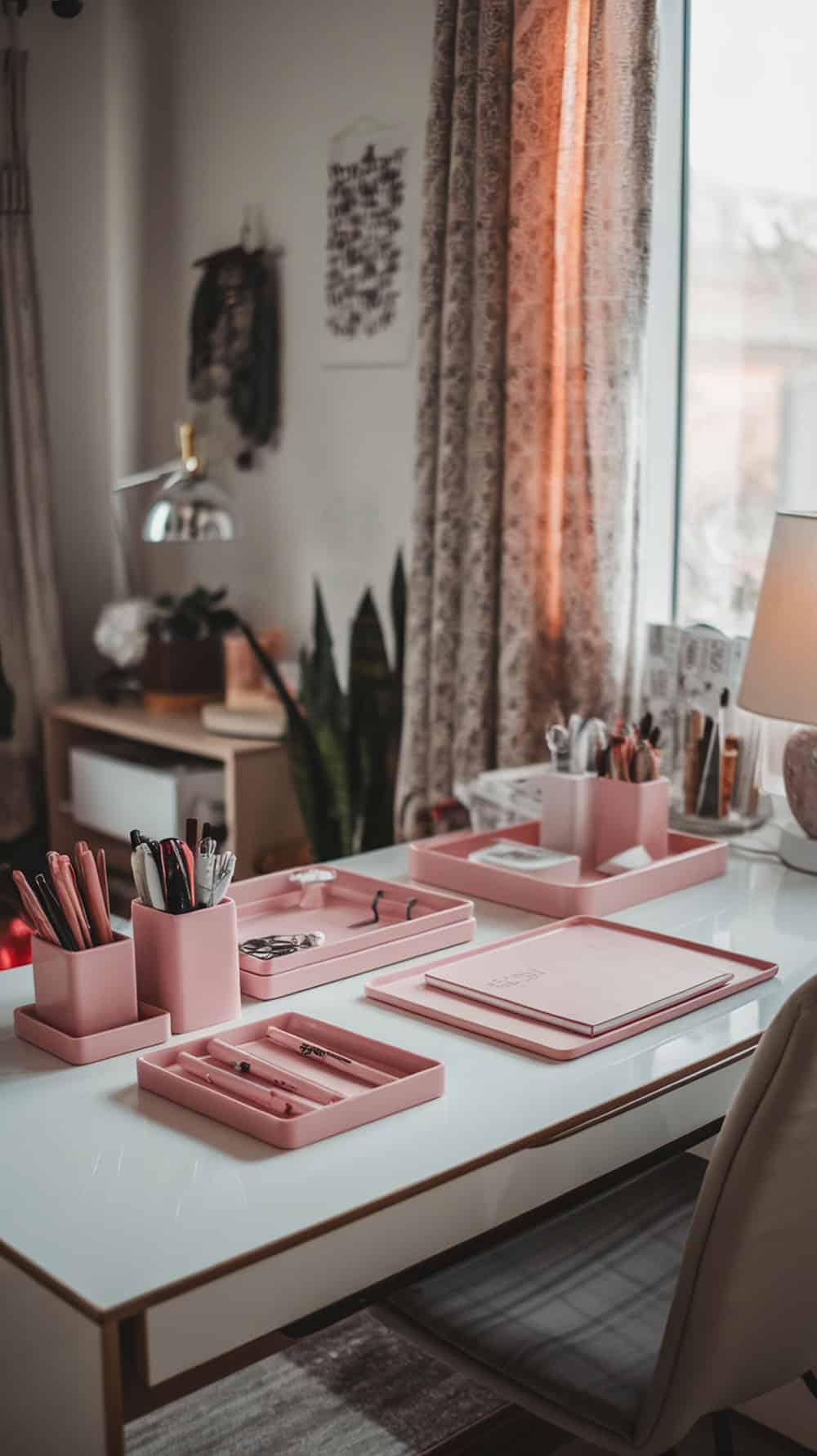 A pink-themed desk with various pink desk accessories including pens, trays, and notebooks.