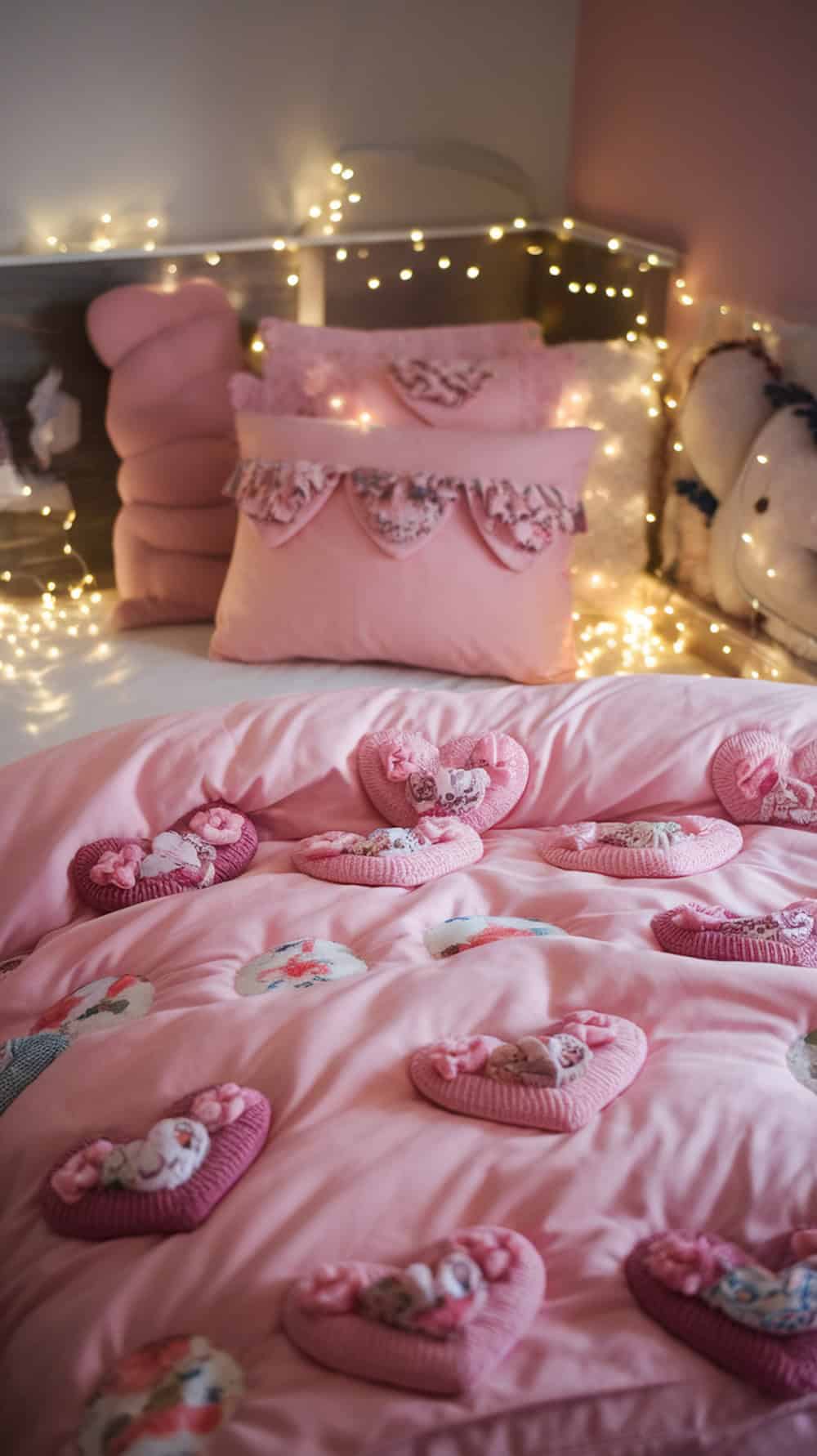 Cozy pink duvet with heart patterns on a bed, surrounded by soft pillows and fairy lights.