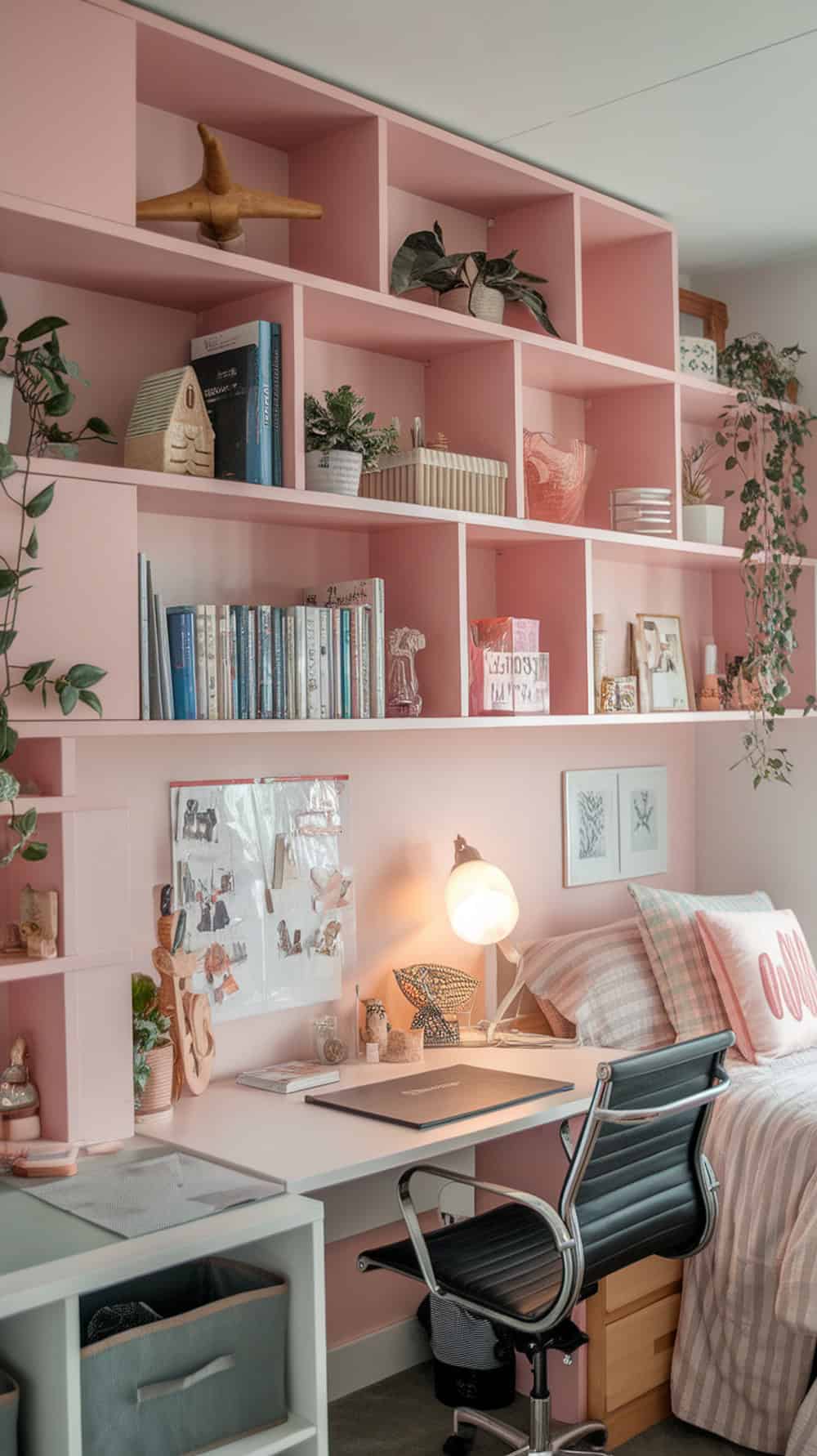 A pink shelf divider with books, plants, and decorative items, perfect for a shared dorm room.